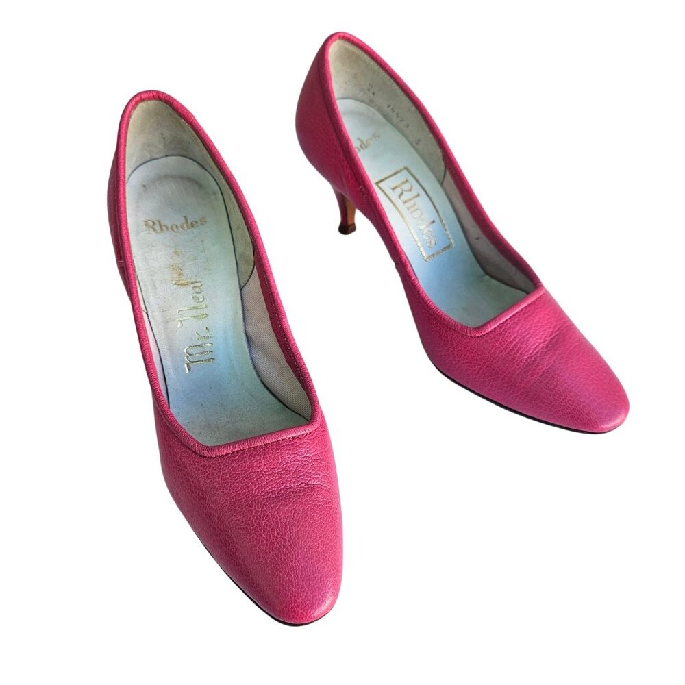 Vintage 50s Pink Leather Kitten Heel Pumps Sz 5B Rhodes Mr. Neal - Picture 3 of 16